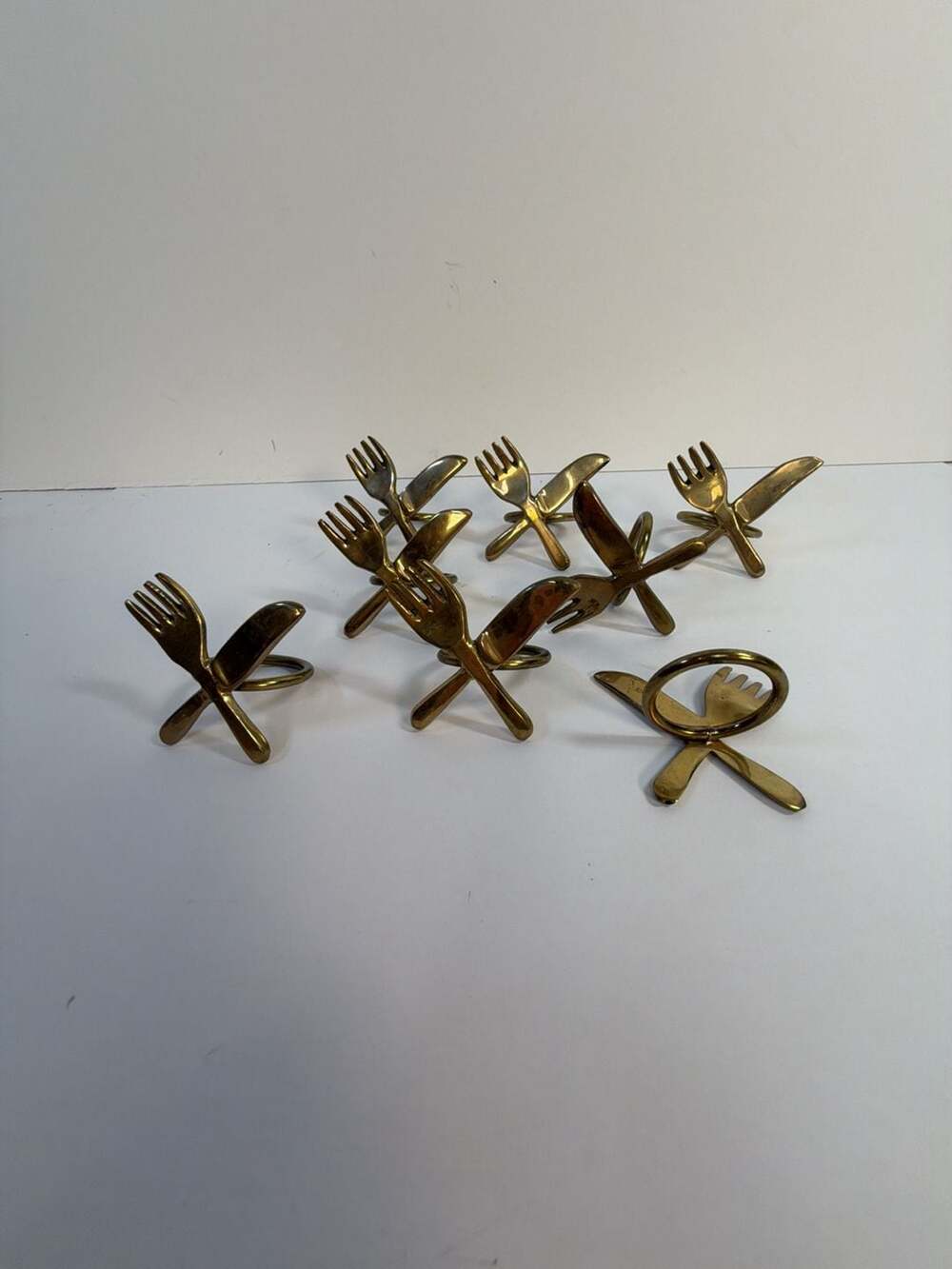 Vtg 8 pc Lot MCM 60-70's Brass FORK &‎ KNIFE Napkin Rings
